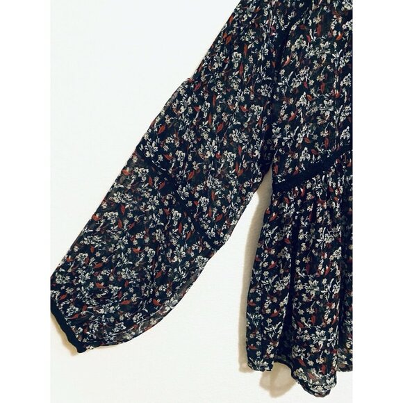Zara Top Womens Large Black Floral Chiffon Pleated Puffy Sleeve Sheer Romantic - Picture 3 of 7